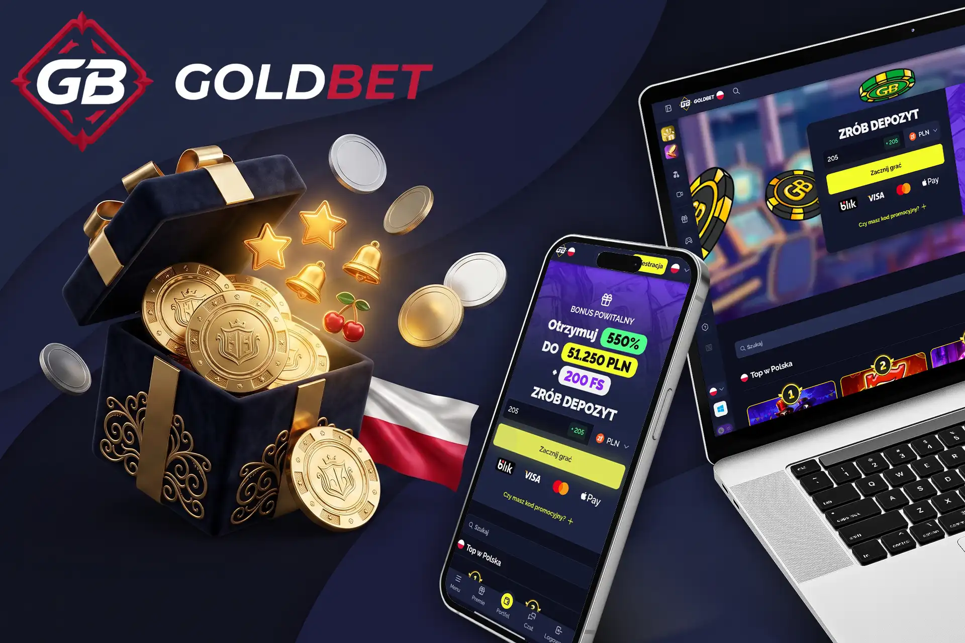 Przegląd platformy kasyna online Goldbet w Polsce, pokazujący hojny bonus powitalny na ekranie smartfona i laptopa obok skrzyni ze złotymi monetami i polskiej flagi