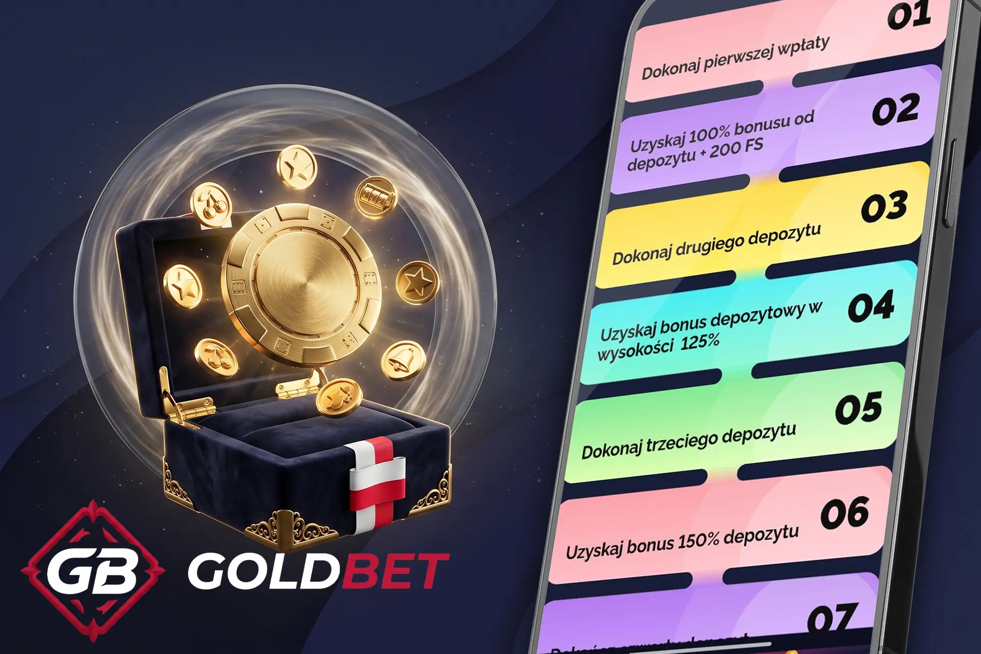 Pakiet bonusów od pierwszego depozytu w kasynie Goldbet, wyświetlający kolejne kroki nagród na smartfonie obok dużej złotej monety i symboli gier