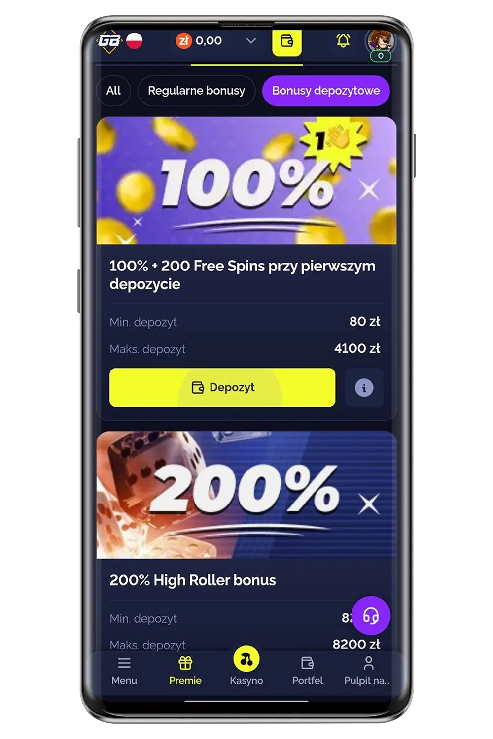 Zrzuty ekranu kasyna Goldbet na urządzeniu mobilnym