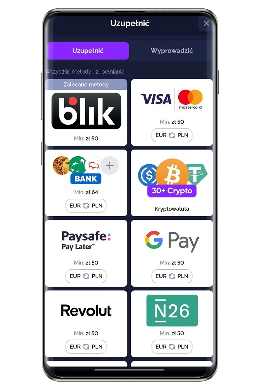 Zrzuty ekranu kasyna Goldbet na urządzeniu mobilnym