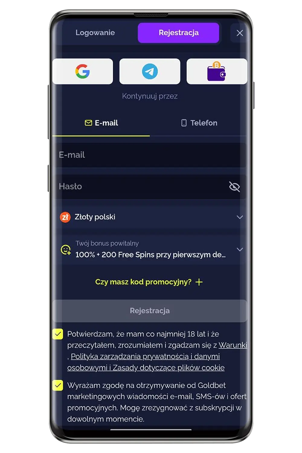 Zrzuty ekranu kasyna Goldbet na urządzeniu mobilnym