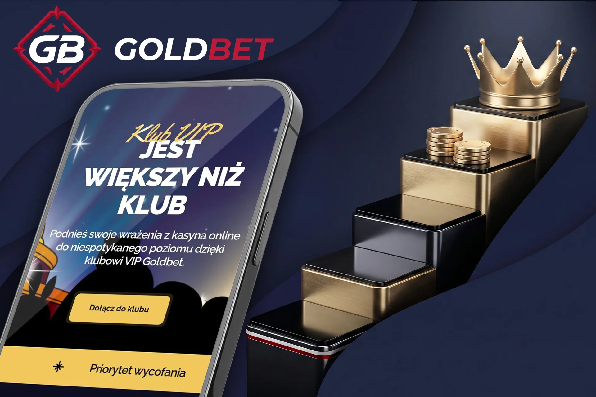 Ekskluzywny Klub VIP i program lojalnościowy w Goldbet, przedstawiony za pomocą aplikacji mobilnej oraz złotych schodów prowadzących do królewskiej korony